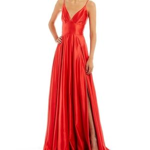 Spaghetti Strap V-Neck Side Slit Satin Long Dress